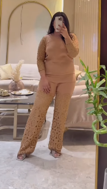 Saira 2 Piece Outfits  Knit Pullover and Wide Leg Lace Pants Lounge Matching Set